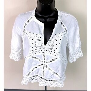 Odd Molly White Eyelet Crochet Trim Peasant Blouse Small